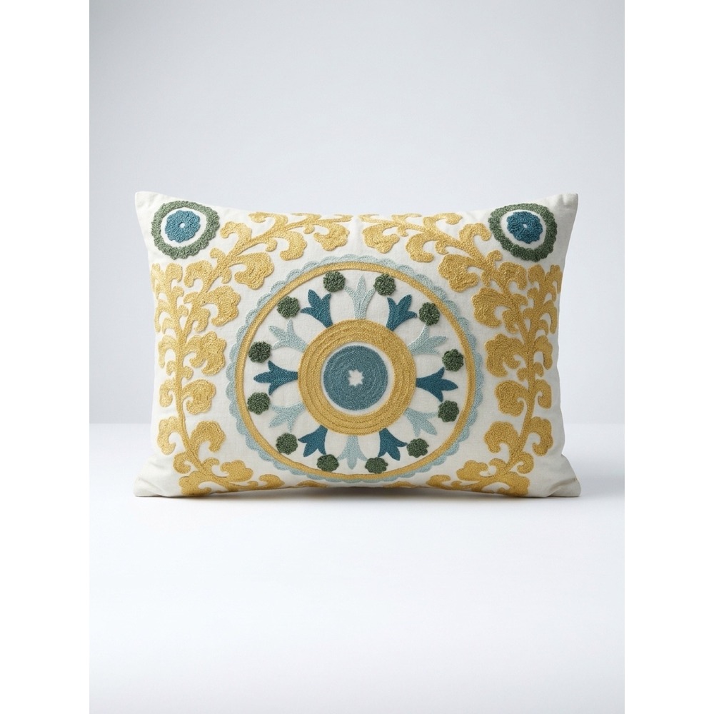 Boho Linen Cotton Embroidered Lumbar Pillow Mandala Medallion  Retro Cream Gold